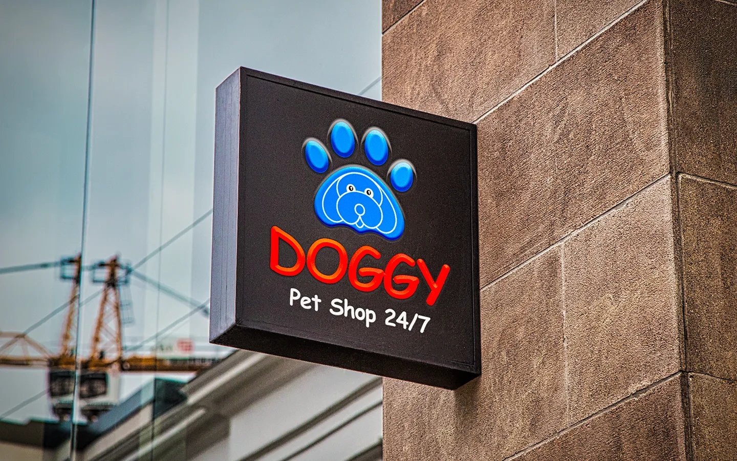 Luminous hanging sign of a pet store with a black background.