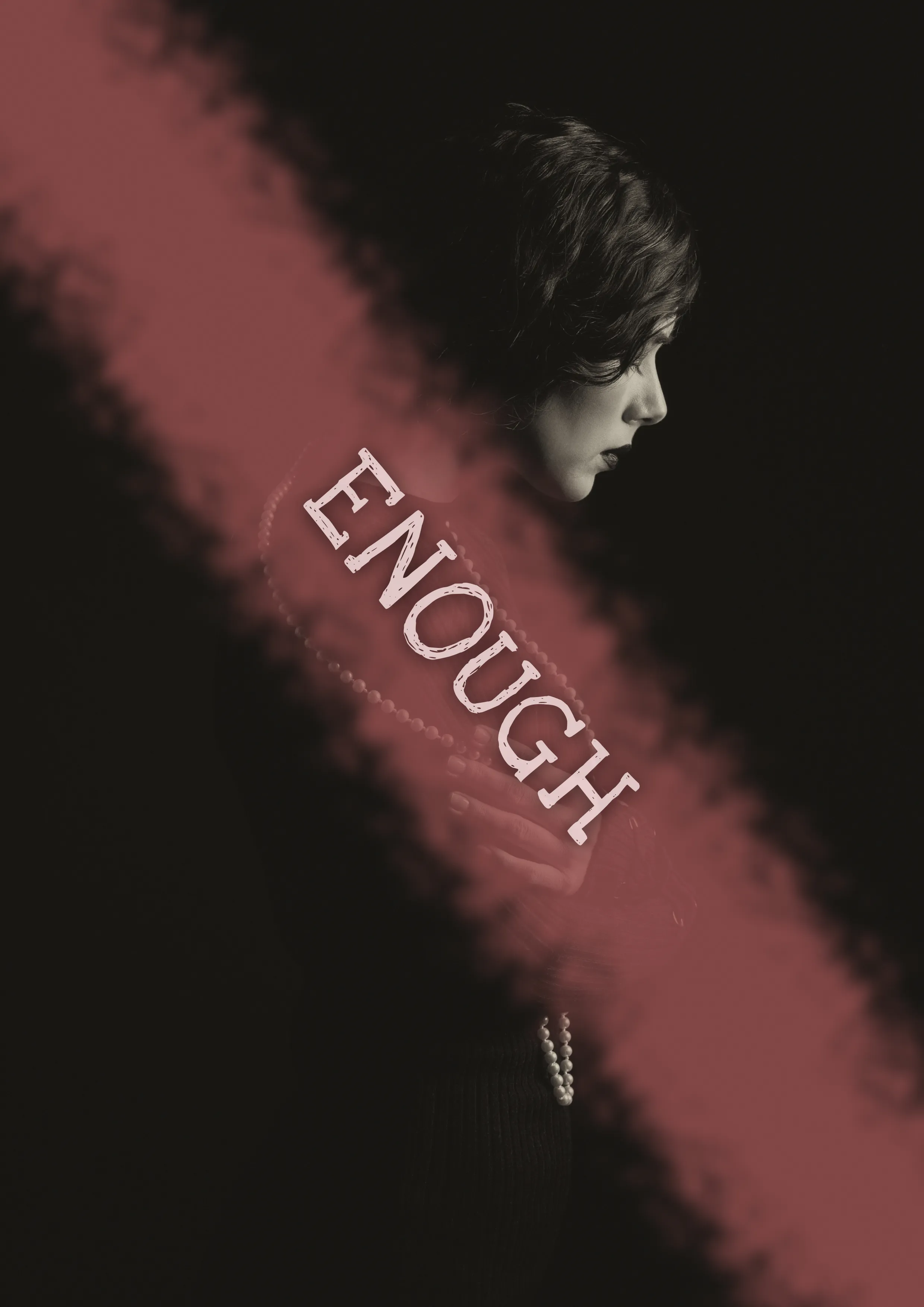 Cover of the article about violence against women which depicts a woman in black and white with a sad expression and holding a church rosary with a sash written "enough" diagonally across the page. 