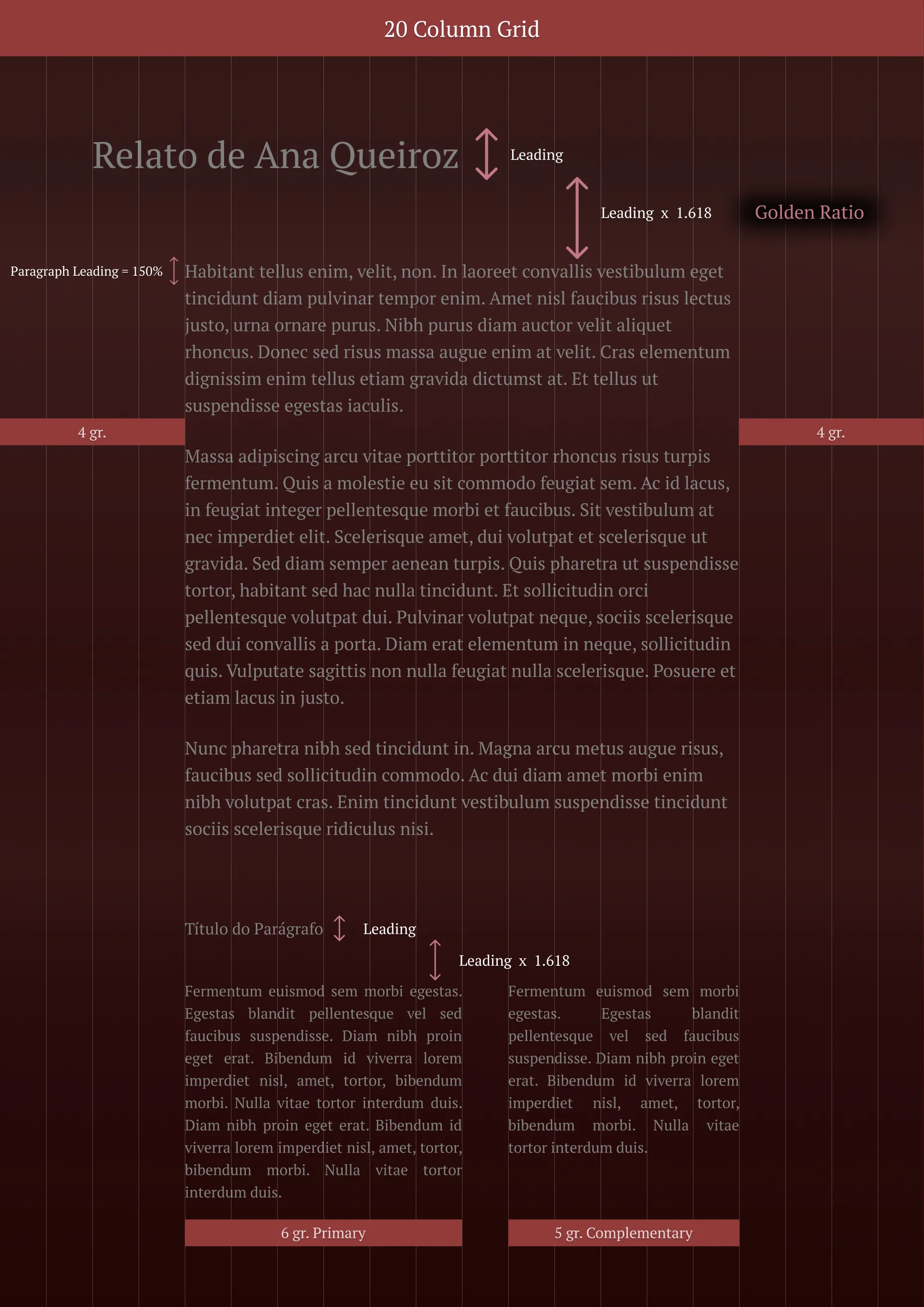 Explanation of the composition of the article about violence against women which displays the spacing used between the title and the article, the leading in the paragraph, and the 20-column grid aspect in the document.