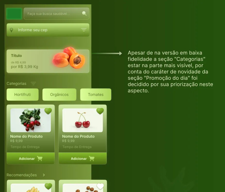Wireframe em alta fidelidade de um aplicativo com um comentário ao lado.