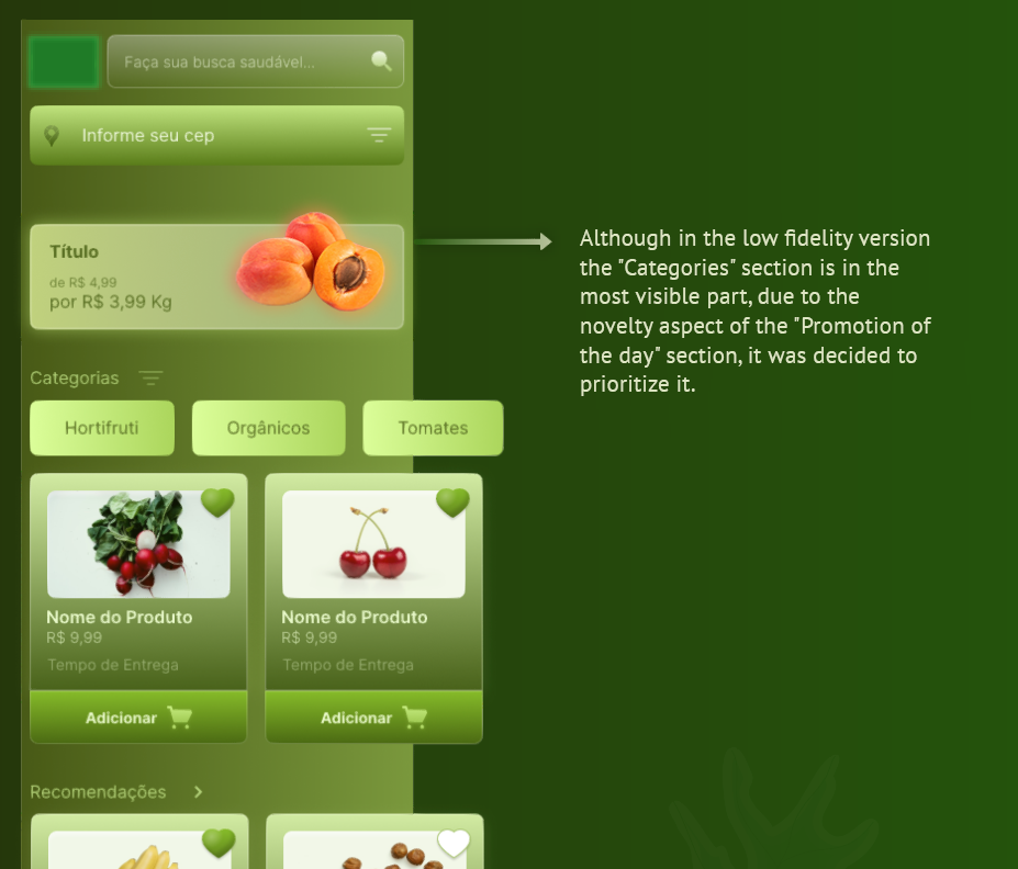 High fidelity wireframe of an application with a comment beside it.