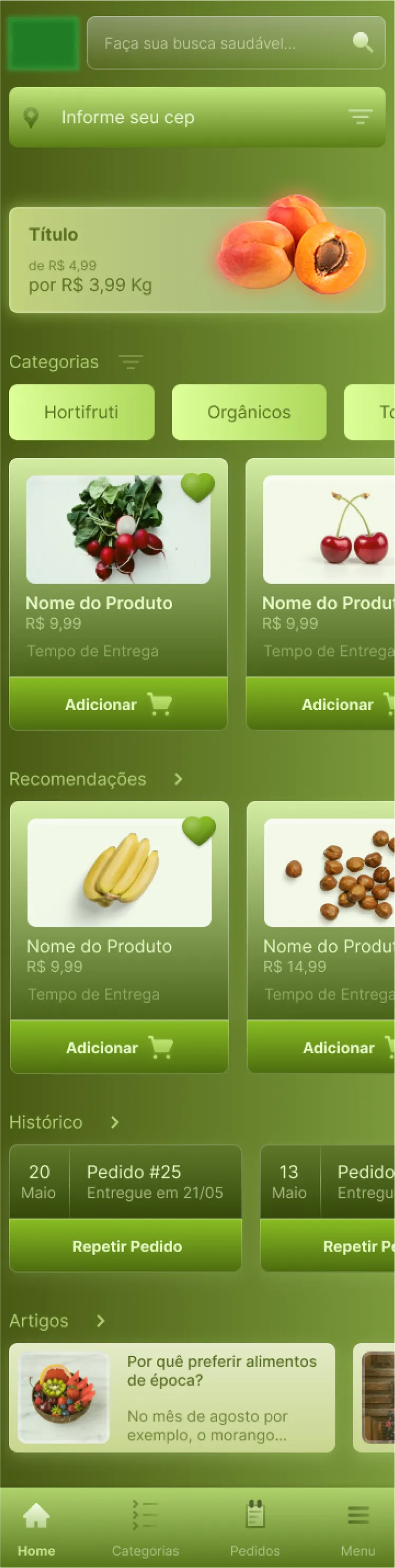 A página inicial de um aplicativo de hortifruti.