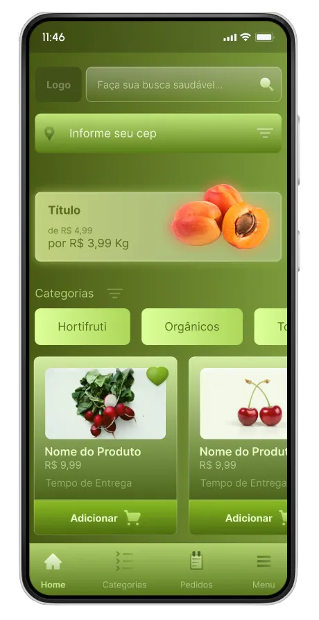 Mockup de um smartphone com a tela inicial de um aplicativo de hortifruti. 
