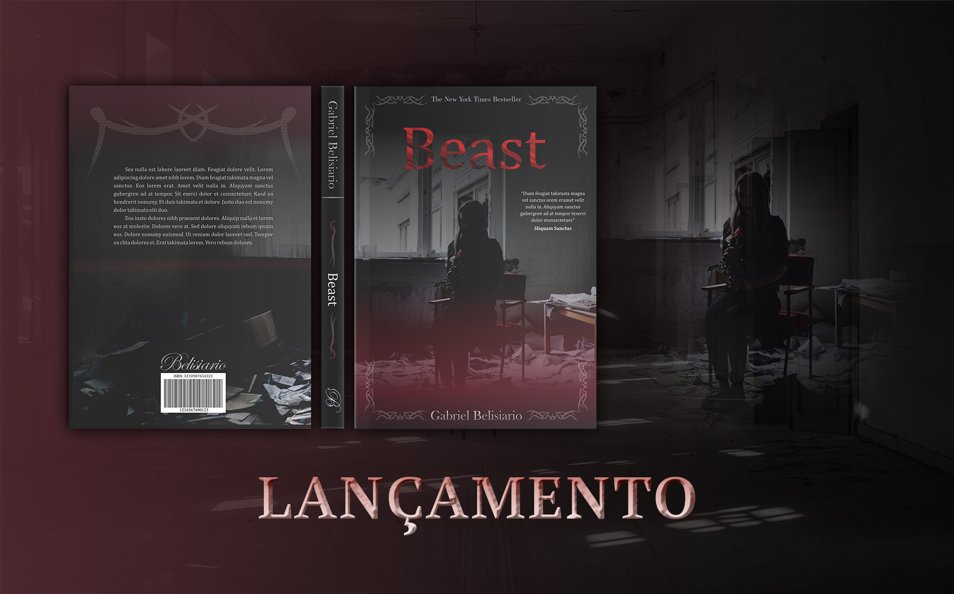 Banner of a newly release horror book called beast. In the book cover and in the background a girl sits in the middle of a dark room.
