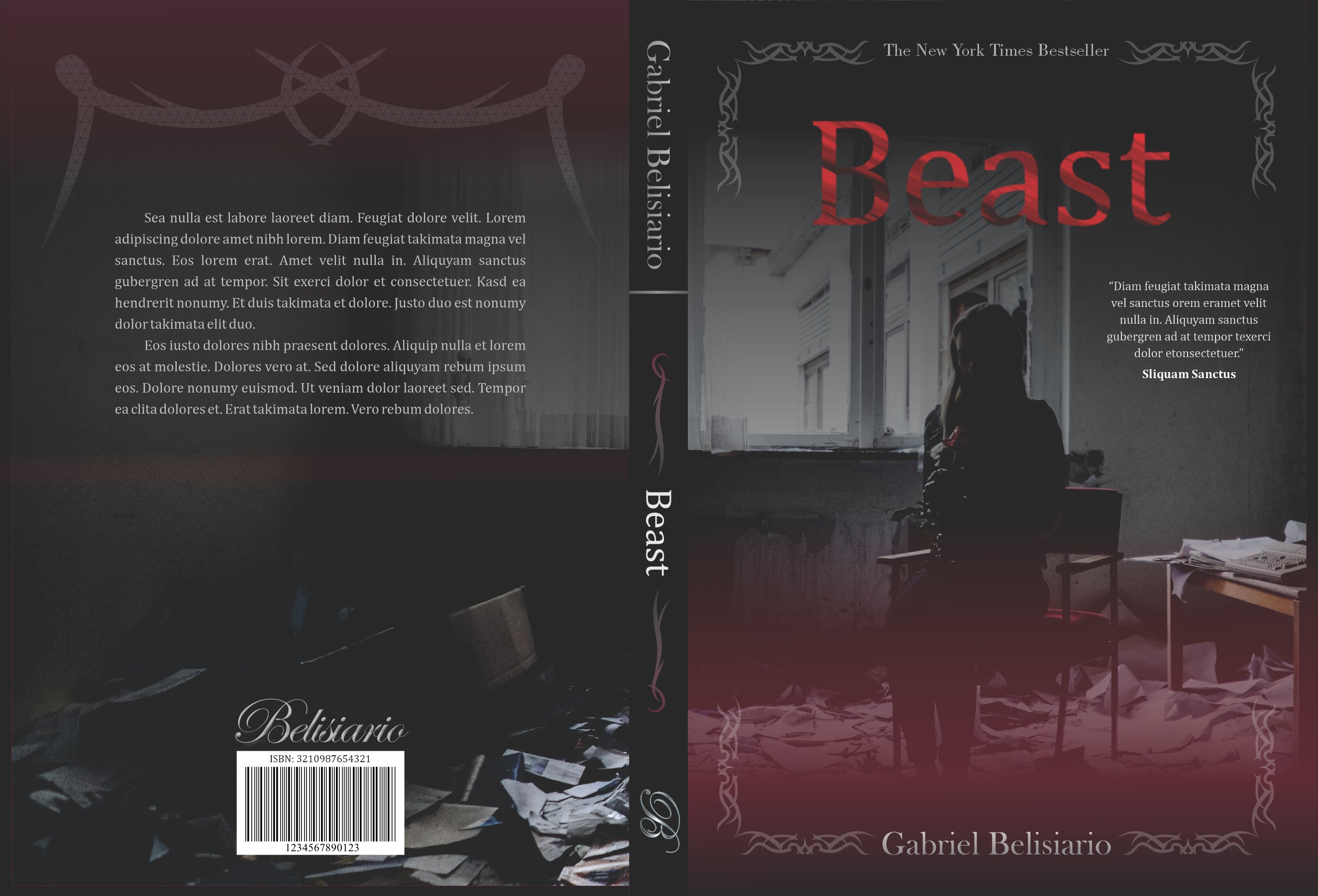 Cover of a horror book made in which a girl sits in the middle of a dark room with the title beast above her head.