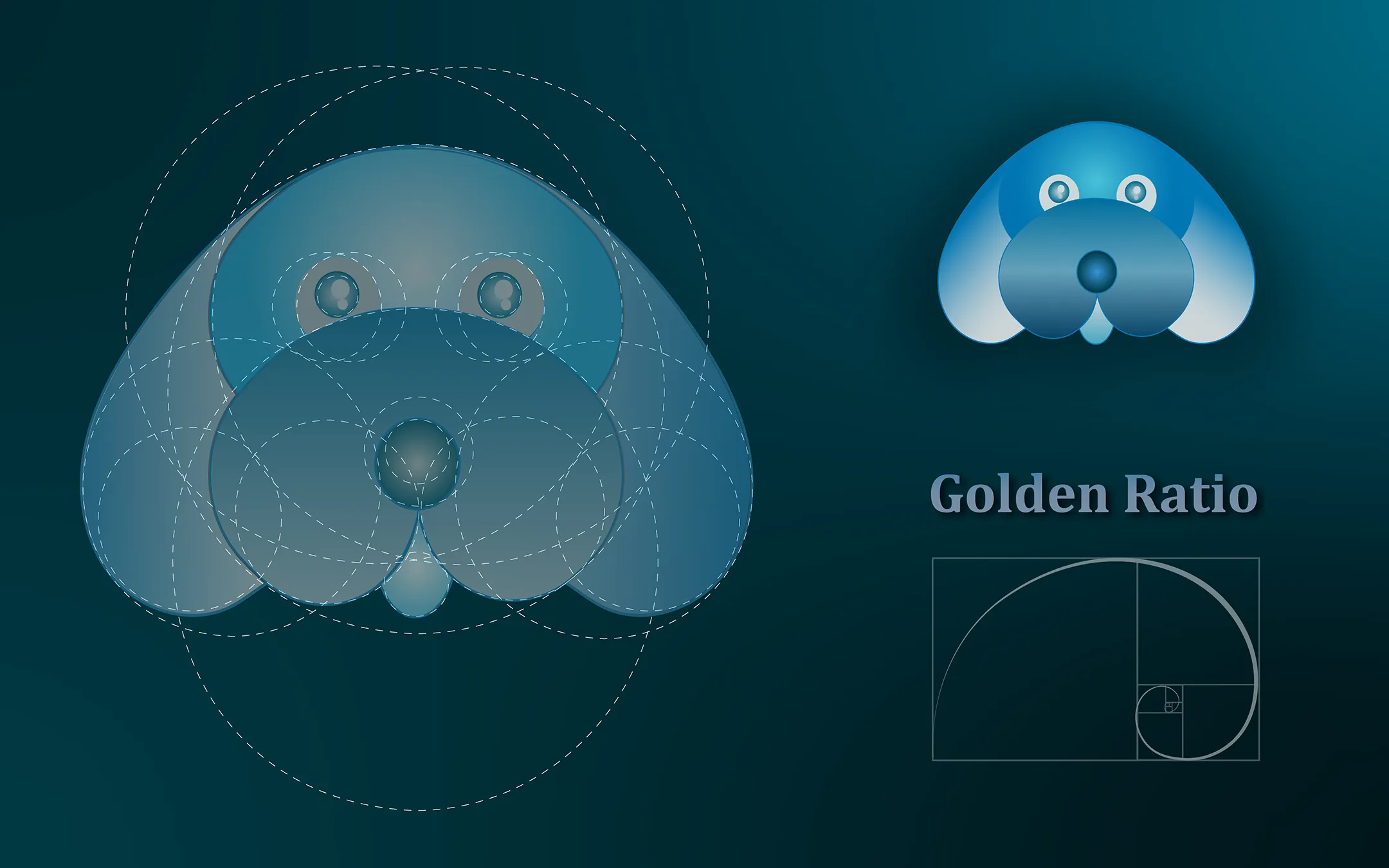 Drawing of the head of a dog using golden ratio.