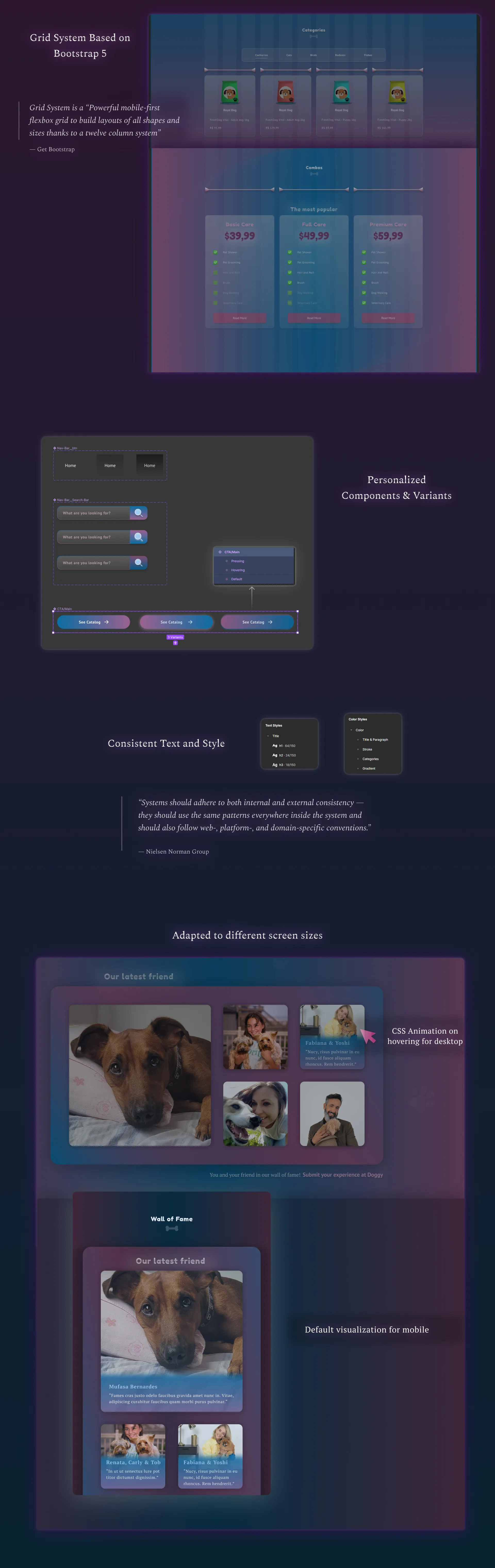 Attributes and characteristics used by Gabriel Belisiario on designing the web and mobile site of a pet store, such as bootstrap grid, components and variants and responsiveness.