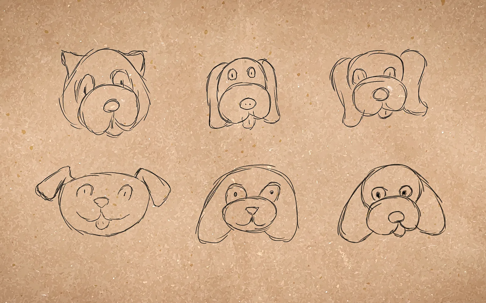 6 drawings of dogs with different aspects.