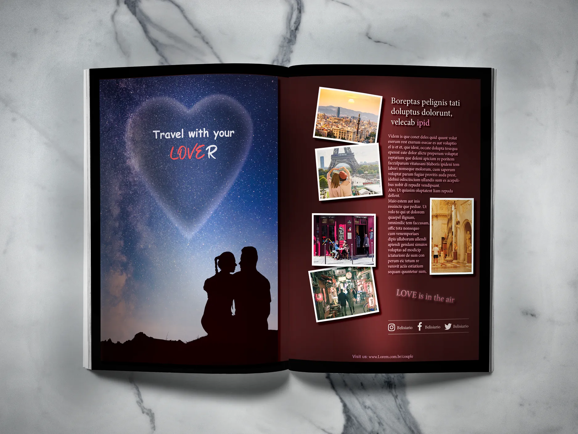 Magazine open on a two page article, in which the first page is the title with a couple beneath the stars and the second page is the article with a few images.