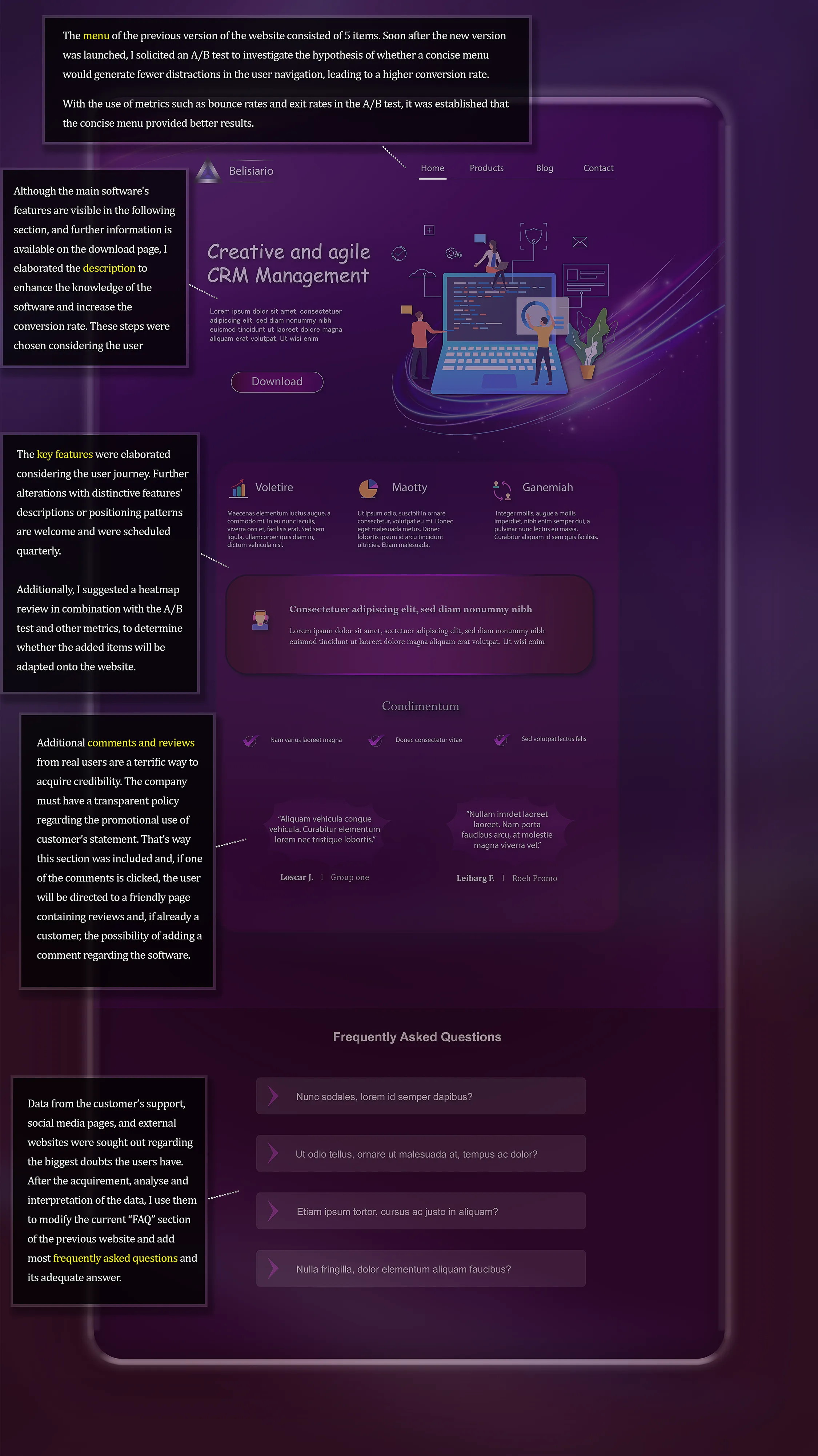 Front page of a website of a CRM Software company in which each part has a paragraph explaining the elaboration process.