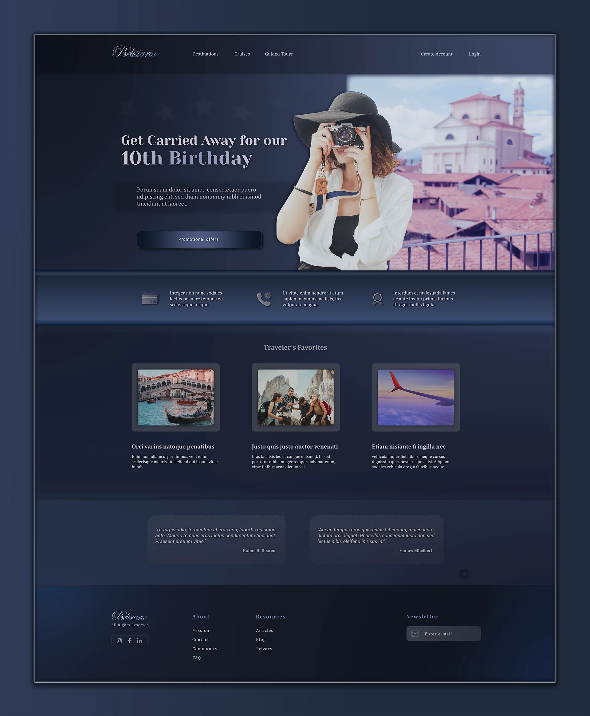 Front page of a website of a travel agency displaying a woman in the cover taking a picture as a tourist.