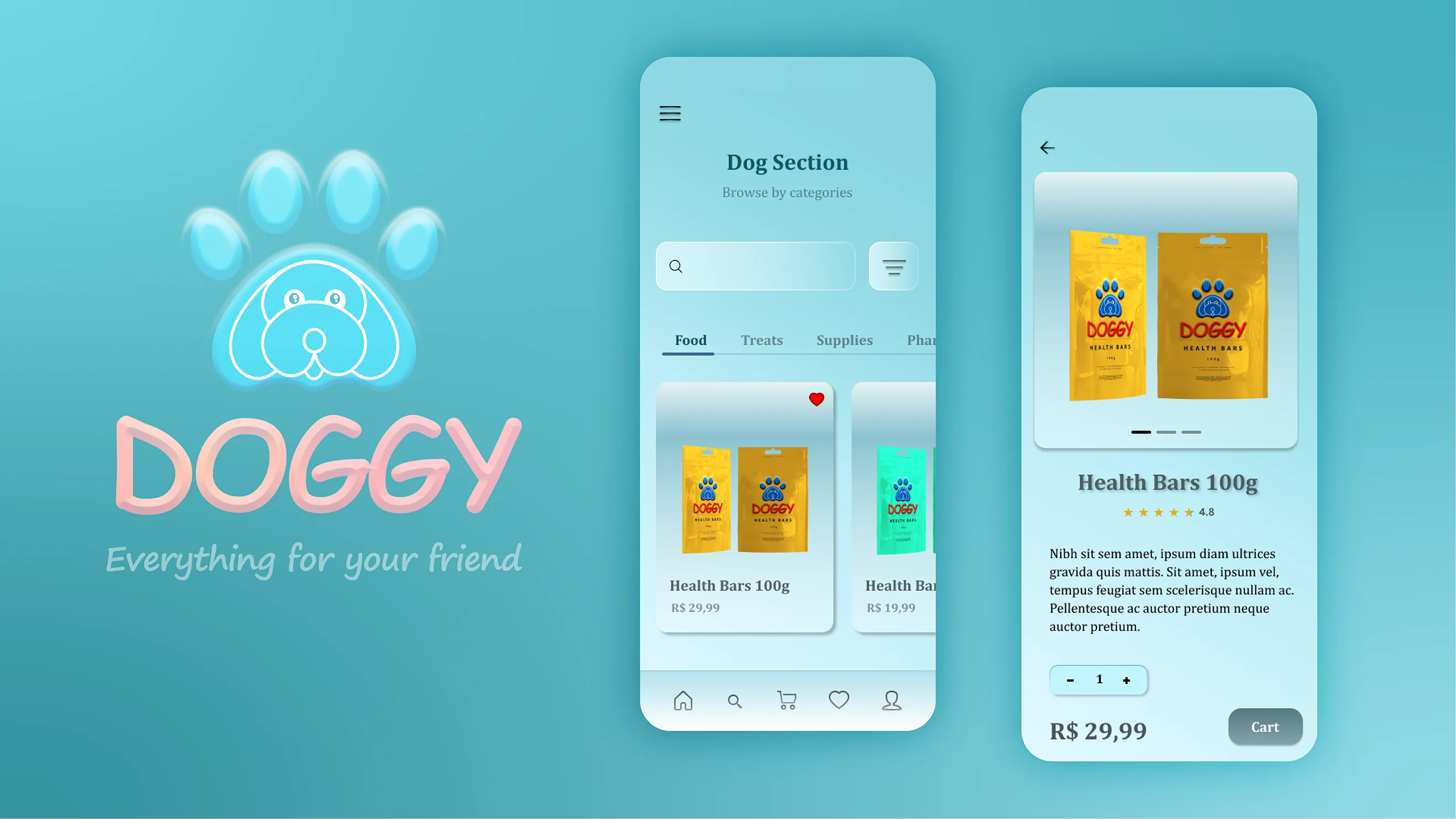 Two pages of the app of the pet store.