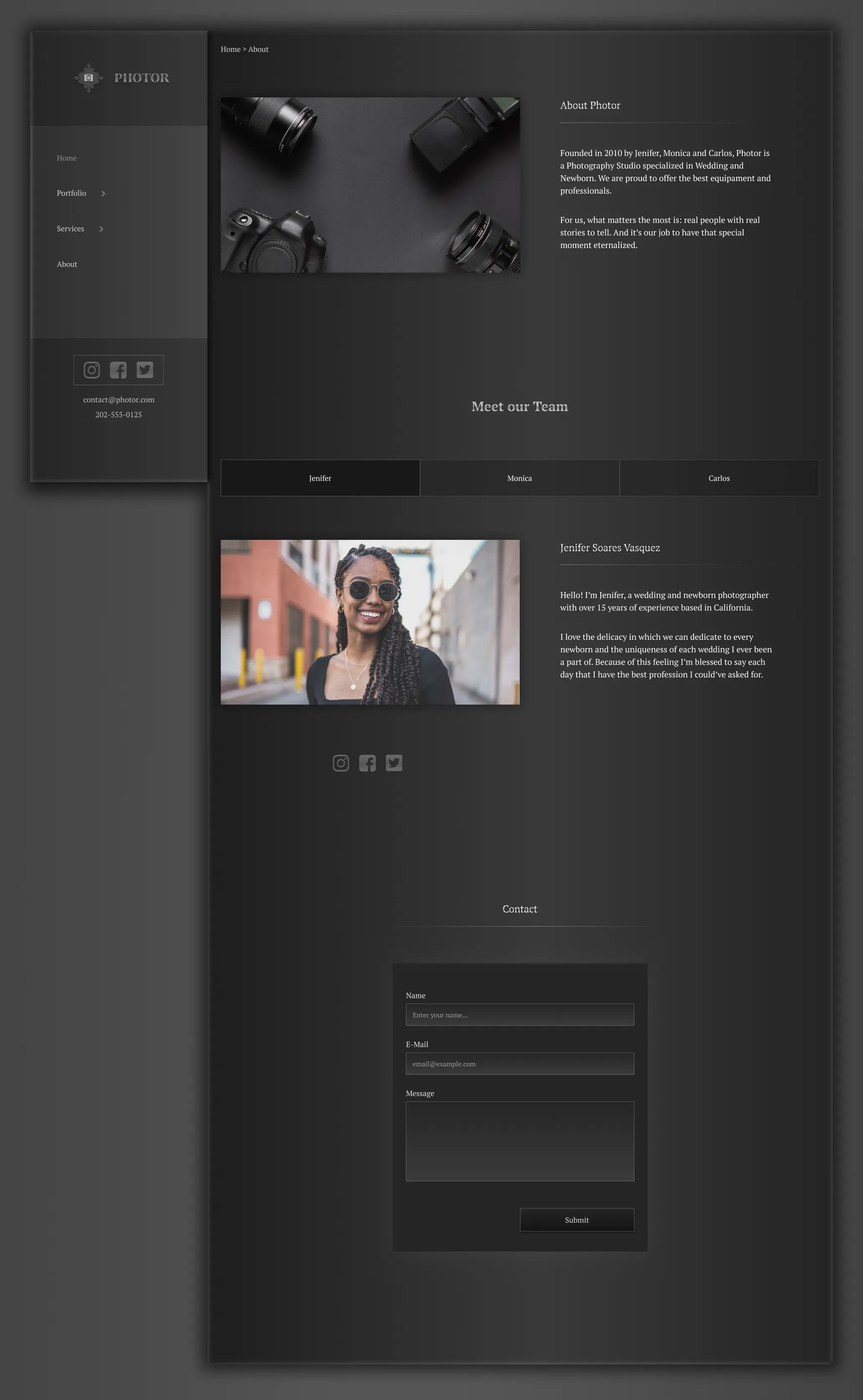 About page of a photography studio called Photor, in which describes the foundation in 2010 by Jenifer, Monica and Carlos and a brief description of their personalities.