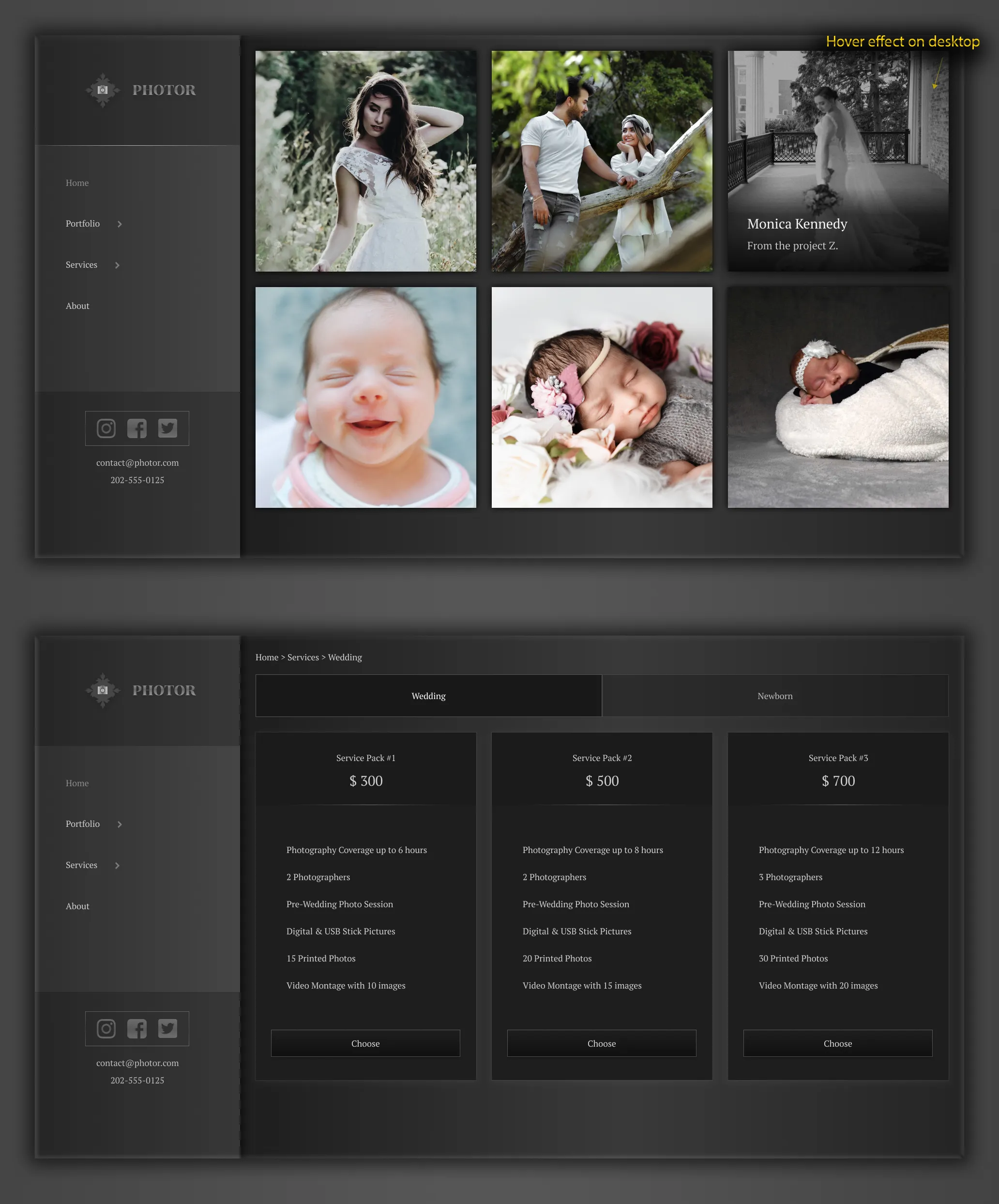 Print of the homepage of a photography studio which displays three photos of wedding on the first row and three photos of newborn and the page of services which displays three options of prices of the wedding category.