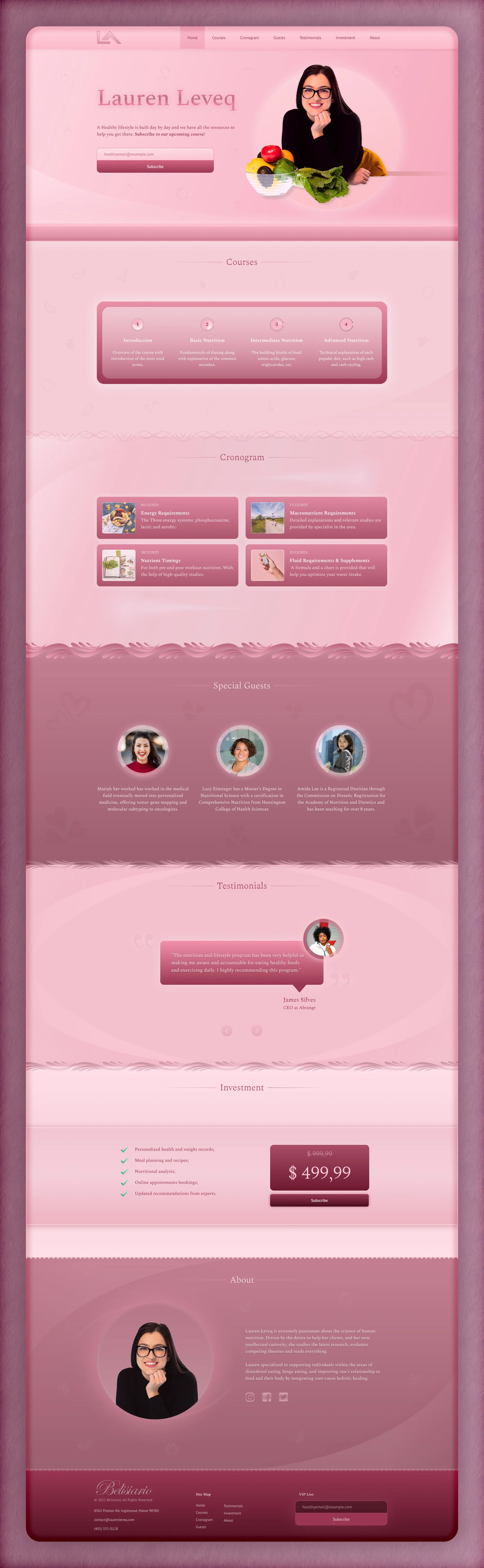 Home page of a landing page with a pink tonality of a nutritionist called Lauren Leveq presenting courses, teachers and about section.