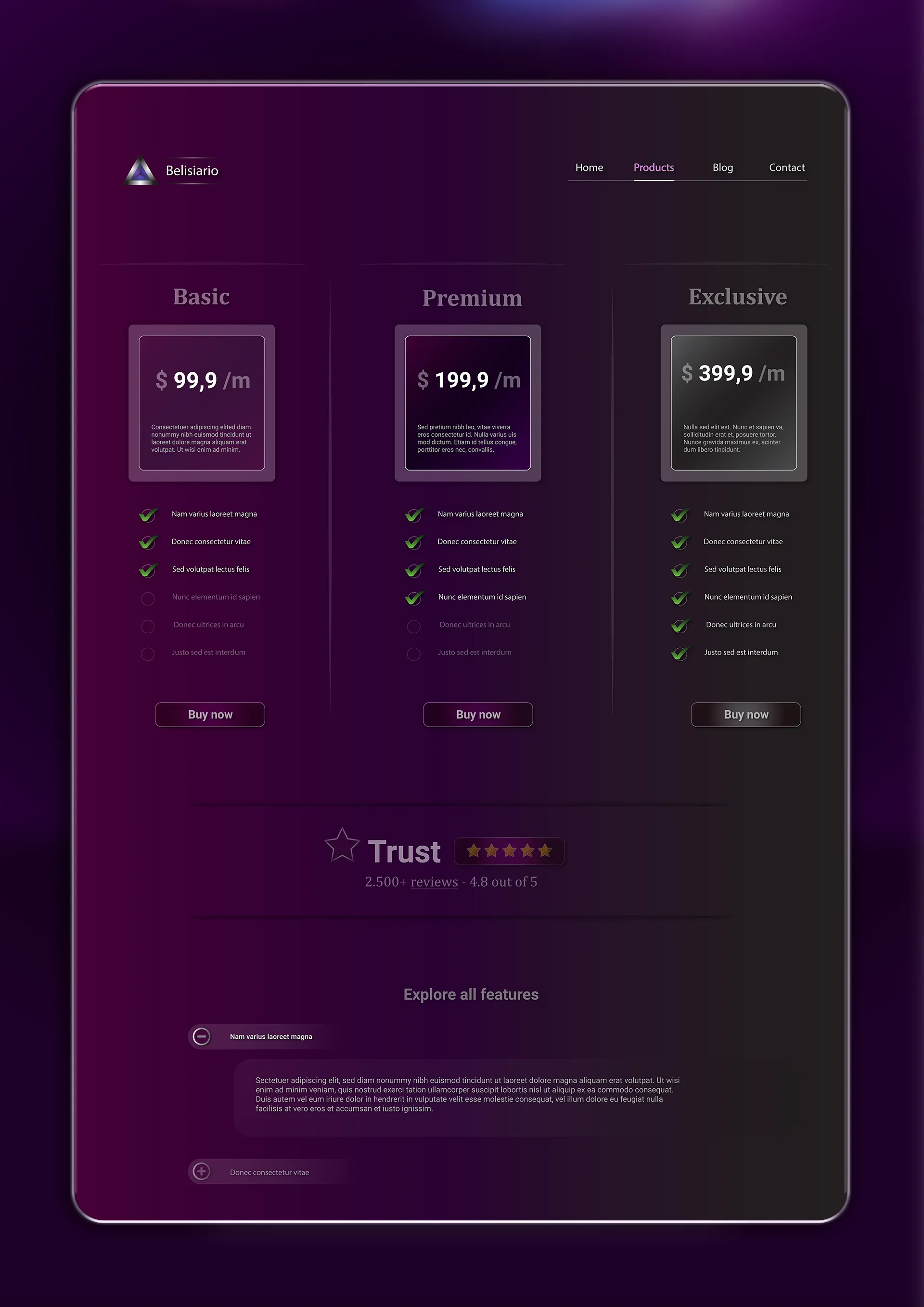 Front page of the products and services section of the website of a CRM Software company in which three columns display different values according to the category.