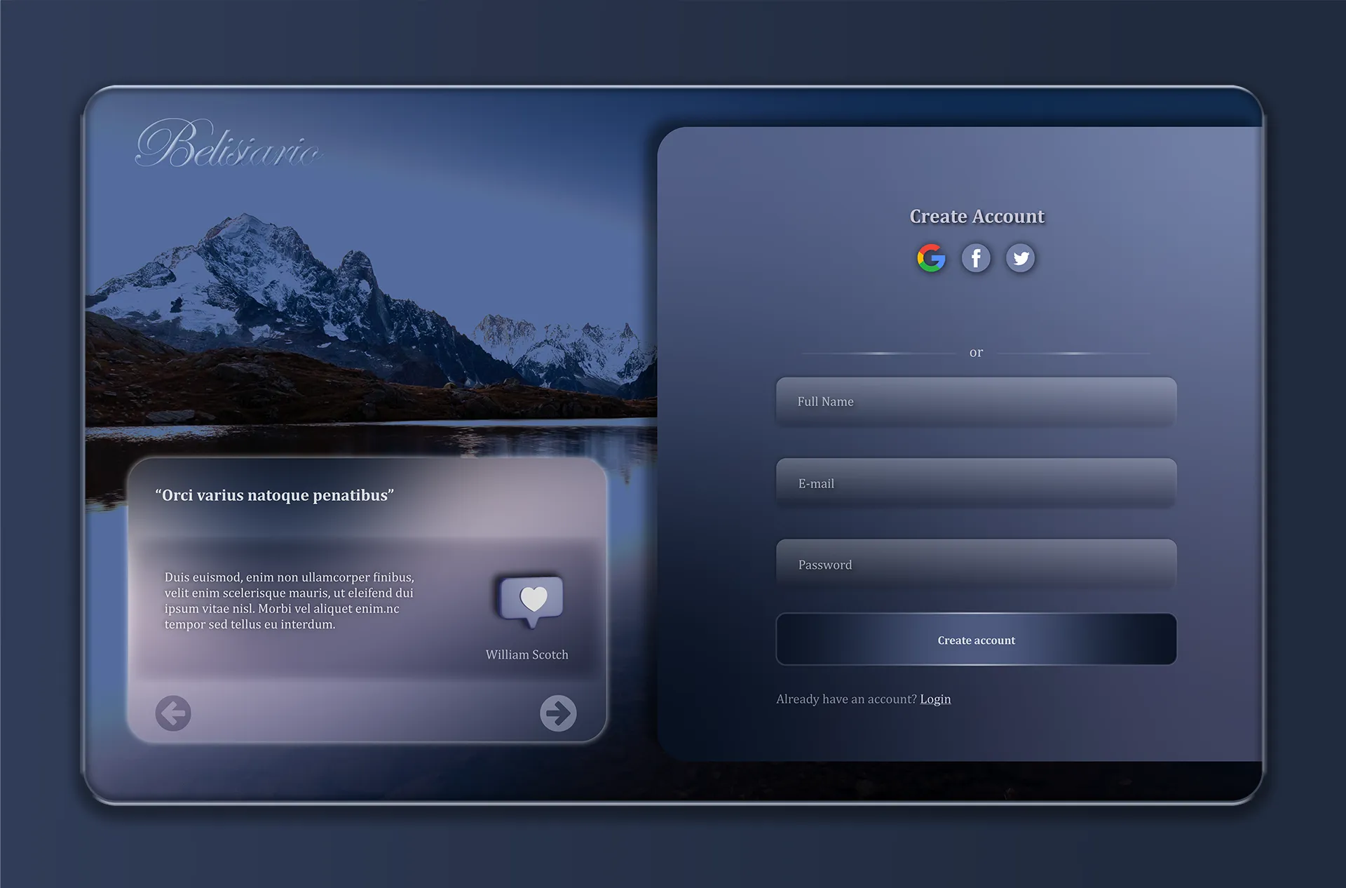 Concept of a signup page displaying the registration form on the right and a review of a user in the inferior left part.