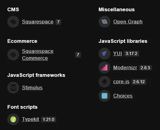 Print das tecnologias utilizadas em um website, como CMS, fontes, e biblioteca de javascript.