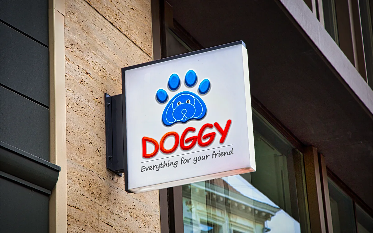 Luminous hanging sign of a pet store with a white background.