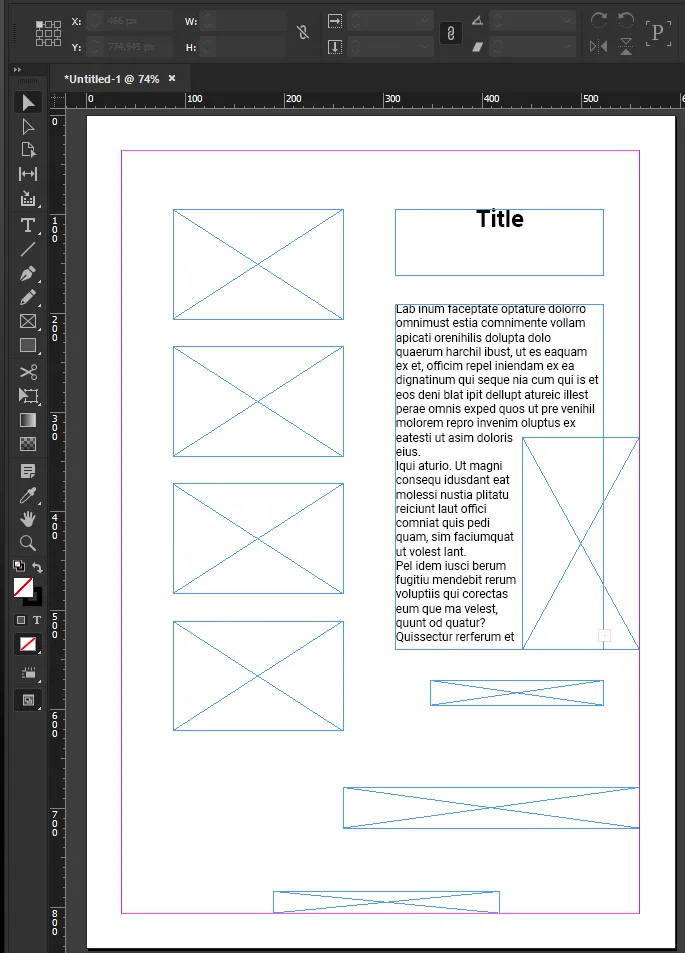 Wireframe of a magazine article being elaborated on Adobe InDesign.
