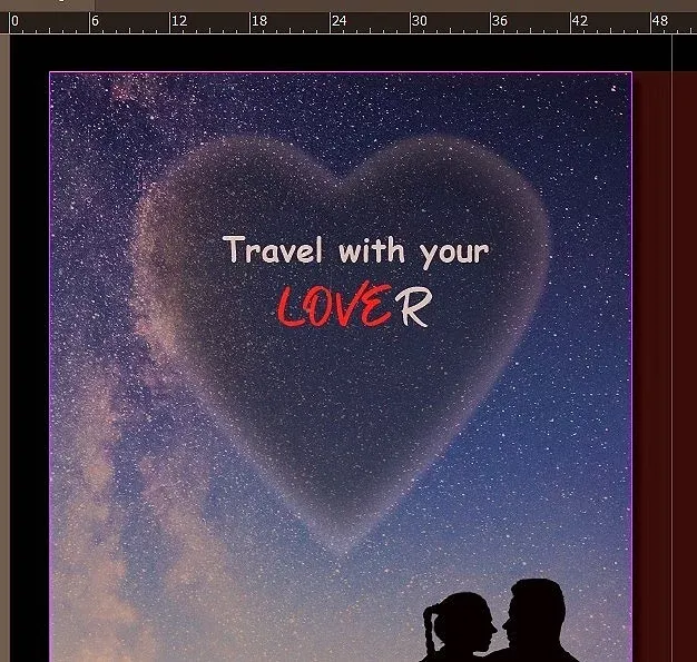 Title of an article about travel written "Travel with your lover" with stars and a heart on background.